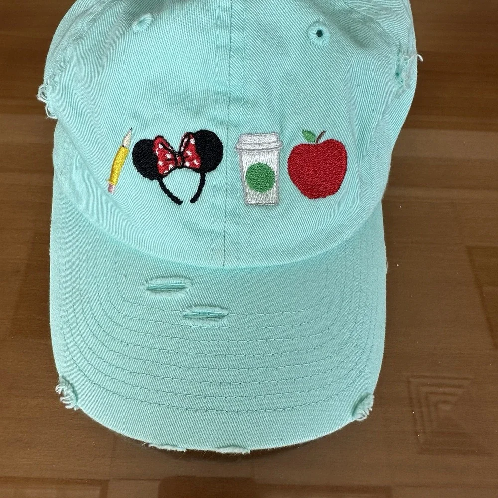 Disney Parks teal blue baseball cap Teacher Coffee Minnie Ears Distressed